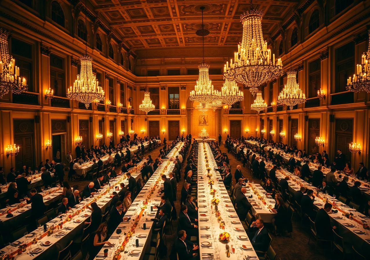 Dîner de gala dans une grande salle institutionnelle